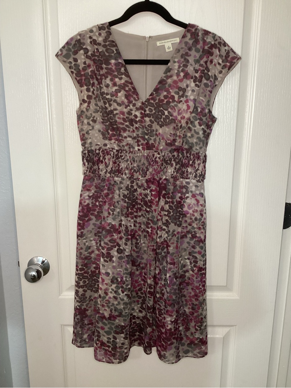Banana Republic Gray and Plum Floral V-Neck Smocked-Waist Dress